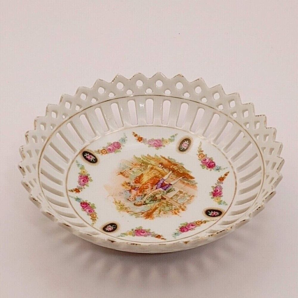 Vintage Porcelain Trinket Dish Made in Germany 5" Victorian Courting Couple